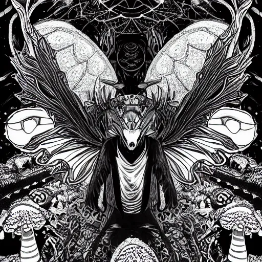 Image similar to A centered chest up portrait of a psychedelic godlike mothman with giant mandala wings smoking a hand-rolled cigarette smoking heavily , magic mushroom village in background , award winning. superb resolution. in the art style of junji Ito and greg rutkowski . Detailed Mushroom city in background. Hyper realistic anime. Perfect art. Dalle2