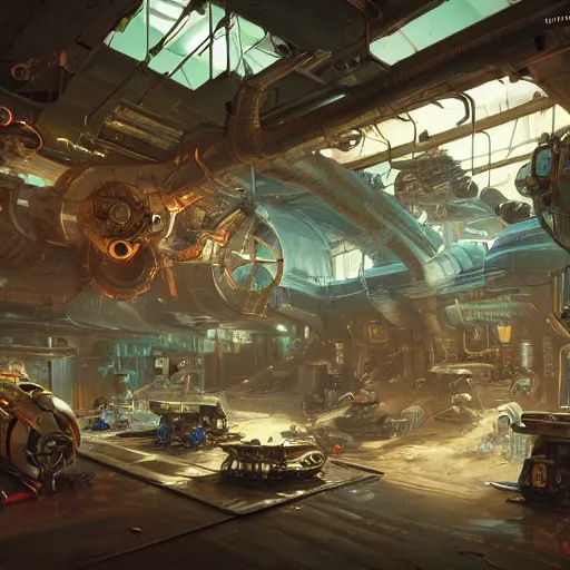 Image similar to the inside of a futuristic mechanic spaceshop coc, highly detailed interior, scrap metal on workbenches, half - finished robot, mechanical bugs in a display case, holographic screen in center frame by peter mohrbacher, trending on artstation, cryengine render, 8 k