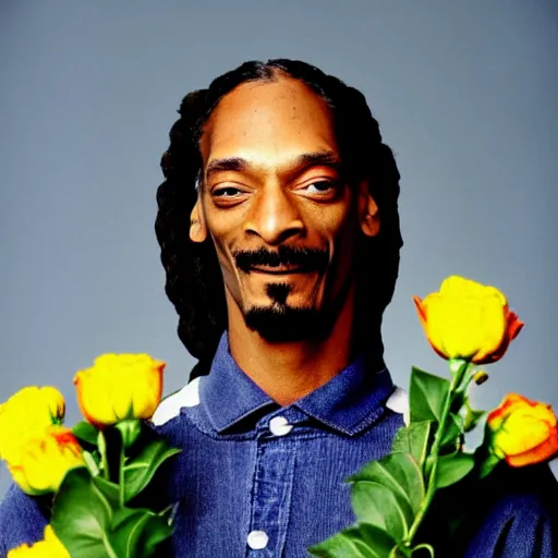 Prompt: Snoop Dogg grinning while holding a Vase of flowers for a 1990s sitcom tv show, Studio Photograph, portrait, evil grin C 12.0