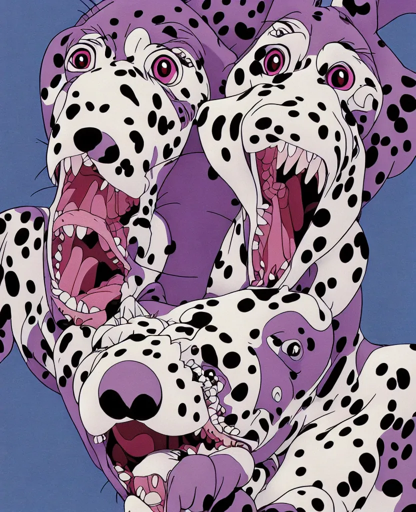 Prompt: beautiful painting from the anime film by studio ghibli, purple anthropomorphic Dalmatian, snarling, drooling, fur, by MC Escher