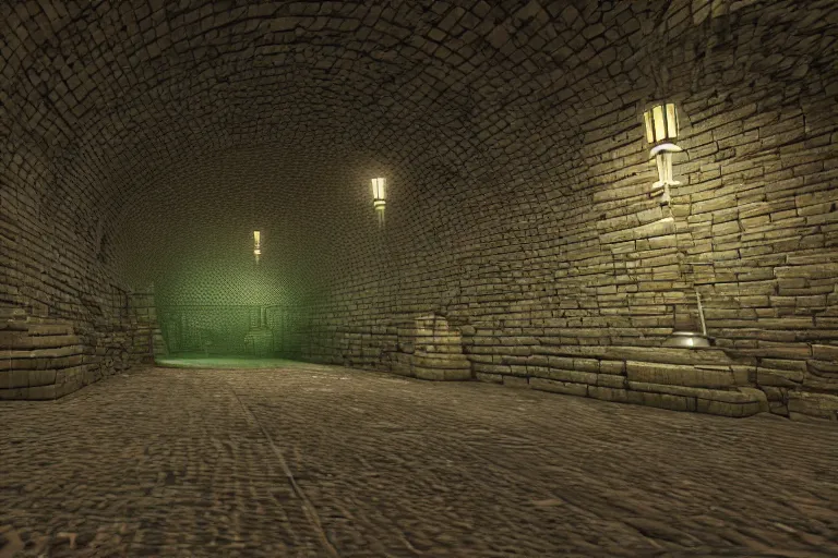 Prompt: stylized sewers tunnel, underground, the tunnel walls are made of bricks, interlacing paths, brass pipes on the walls, a slight green glow emanates from the water, intricate details, Unreal Engine render, Artstation 4K