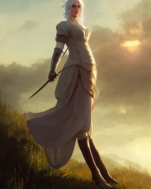 Image similar to Pre-Raphaelite Ciri from Witcher 3 by Artgerm and Greg Rutkowski, sunrise, backlit, wearing haute couture by schiaparelli, sharp focus, sun rays, full body, intricate, elegant, highly detailed, digital painting, pale