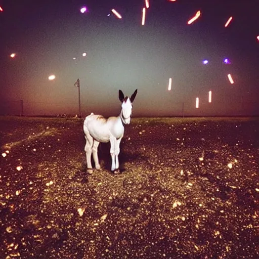 Image similar to “exploding fireworks in the night sky raining down embers and sparks and brightly burning pieces falling from the sky, a pale donkey stands in a field in the darkness. Photography. Flash photo. Cursed image.”