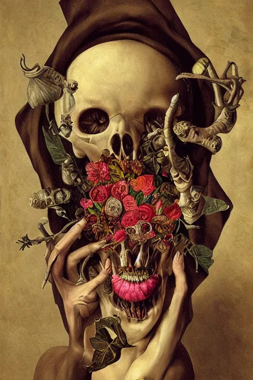 Prompt: Detailed maximalist portrait with large lips and with large, wide eyes, angry expression, extra bones, flesh, HD mixed media, 3D collage, highly detailed and intricate, surreal, botany, illustration in the style of Caravaggio, dark art, baroque