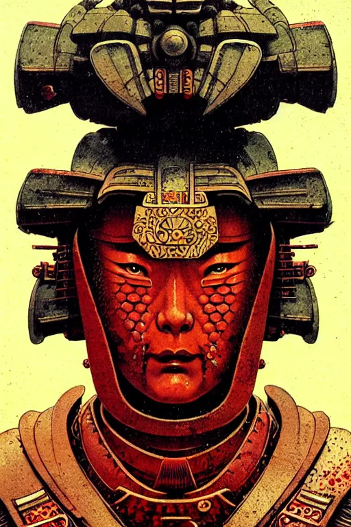 Image similar to japanese shogun, character portrait, portrait, close up, concept art, intricate details, highly detailed, blood moon background, soft light, vintage sci - fi poster, in the style of chris foss, rodger dean, moebius, michael whelan, and gustave dore