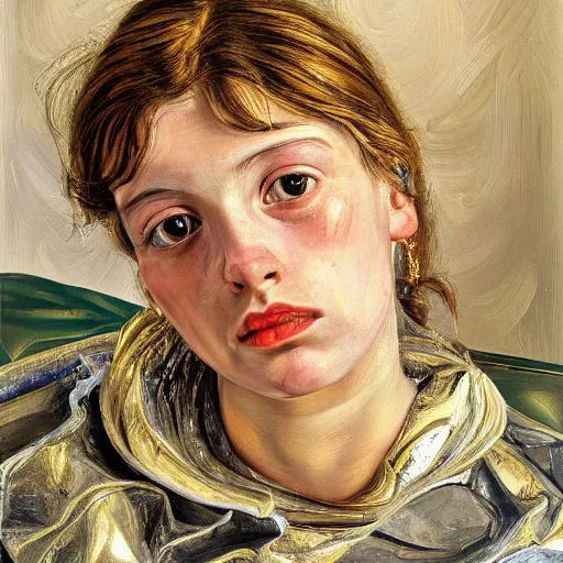 Prompt: high quality high detail painting by lucian freud, hd, girl portrait with a lot of gold and jewelry, photorealistic lighting