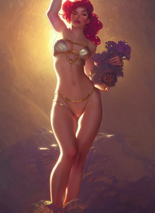 Prompt: leona from league of legends with hands clasped over head, minimal clothing, pinup pose, hyper detailed, digital illustration, illustration, trending in artstation, cinematic lighting, studio quality, sharp focus, intricate, elegant, art style by alphonse mucha and klimt and nixeu and ian sprigger and wlop and krenz cushart