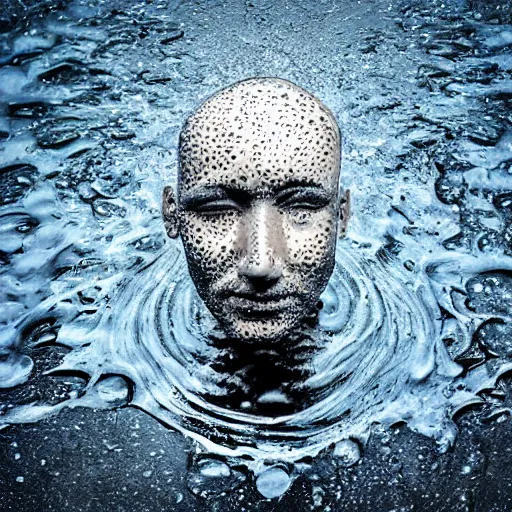 Prompt: icon of a realistic human head made out of water, water art manipulation, dark background