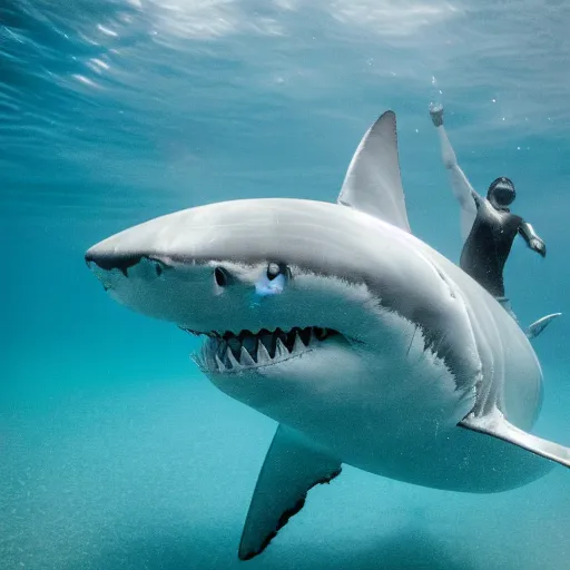 Image similar to elderly man swimming with a great white shark, smiling, happy, underwater, shark, great white, crystal clear water, adventure, canon eos r 3, f / 1. 4, iso 2 0 0, 1 / 1 6 0 s, 8 k, raw, unedited, symmetrical balance, wide angle