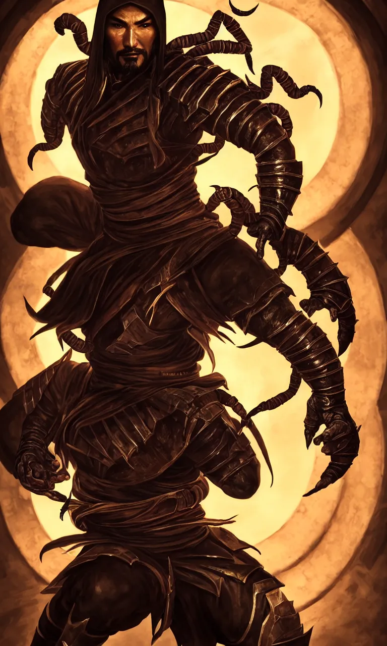 Prompt: portrait of hanzo hasashi scorpion from mortal kombat in the gates of a portal, full body shot, camera pulled back far, highly detailed dramatic lighting, artstation, atmospheric perspective, artgerm, mk ninja, epic ninja suit, intense contrast, 3 light sources, by lee bermejo, alphonse mucha and greg rutkowski