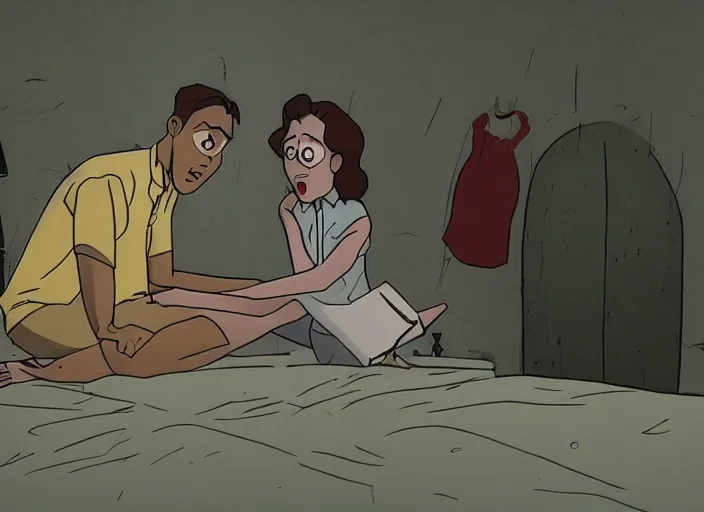 Prompt: still from animated horror movie, animated movie shot, love in denial