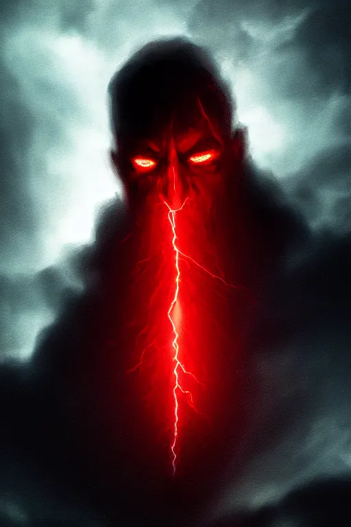 Image similar to a hulking human male silhouette in the darkness, his eyes glowing red, roiling stormclouds overhead,. atomospheric, artgerm, in the style of turner, high detail, 8 k resolution,