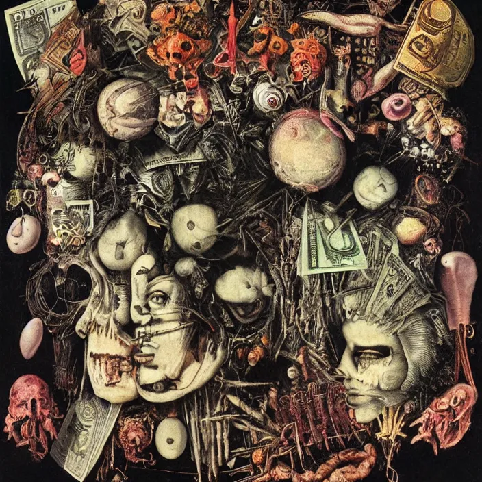 Image similar to post - punk new age album cover, asymmetrical design, dollar bank notes, capitalism, magic, apocalypse, psychedelic, black white pink, highly detailed, magic, giger h. r., giuseppe arcimboldo