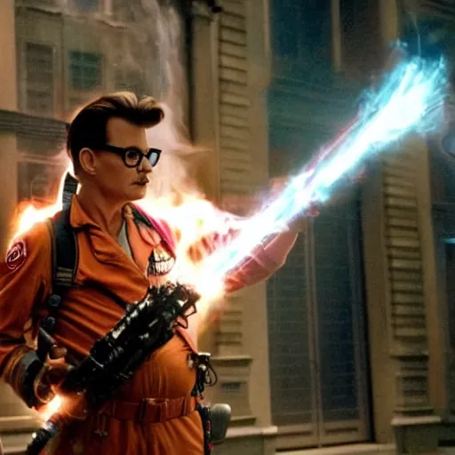 Image similar to stunning awe inspiring johnny depp as a ghostbuster in the movie ghostbusters, highly detailed face, movie still 8 k hdr atmospheric lighting