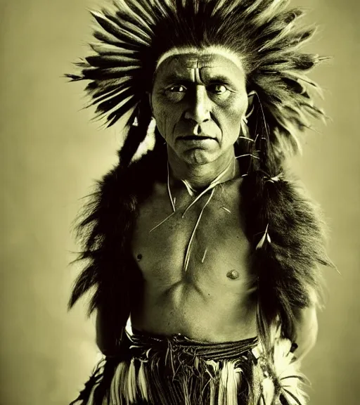 Image similar to Award winning Editorial photo of a Native Iroquois with incredible hair wearing traditional garb by Edward Sherriff Curtis and Lee Jeffries, 85mm ND 5, perfect lighting, gelatin silver process