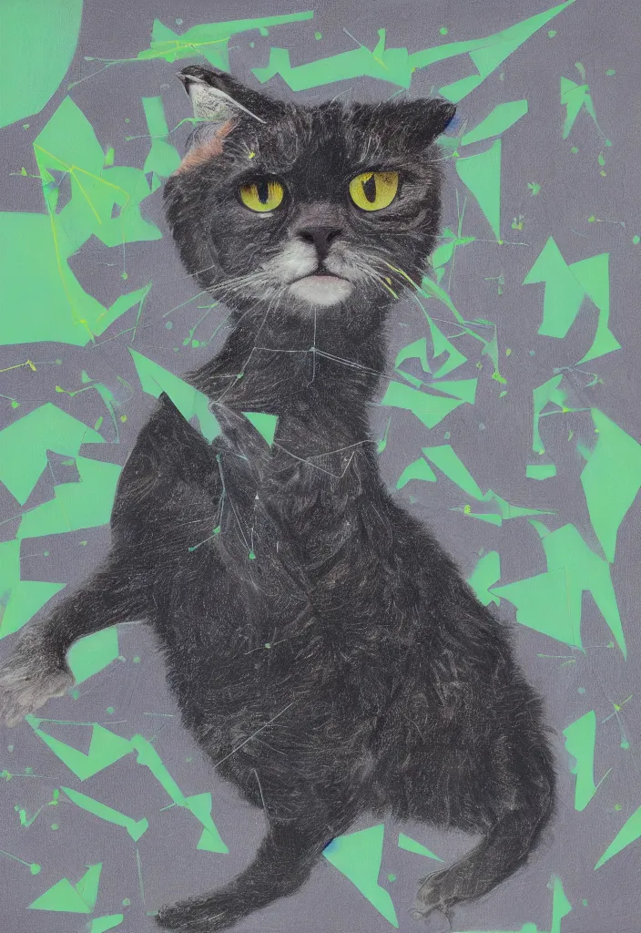 Image similar to wideshot cfa champion dark tortie scottish fold cat, framed in a window, watching a bird, abstract data visualization overlay perfect geometry bezier mathematical diagrams revealing sparrows flight trajectory calculation, detailed annotated painting, dark grisaille fluorescent color airbrush spraypaint accents, by jules julien, wes anderson, hannah af klint, risograph 4 k