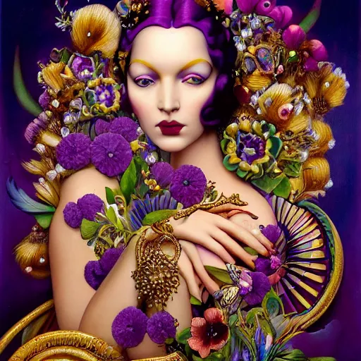 Prompt: dynamic composition, a painting of a purple skinned woman with hair of flowers and peacock plummage wearing ornate earrings, a surrealist painting by tom bagshaw and jacek yerga and tamara de lempicka and jesse king, featured on cgsociety, pop surrealism, surrealist, dramatic lighting, wiccan, pre - raphaelite, ornate gilded details