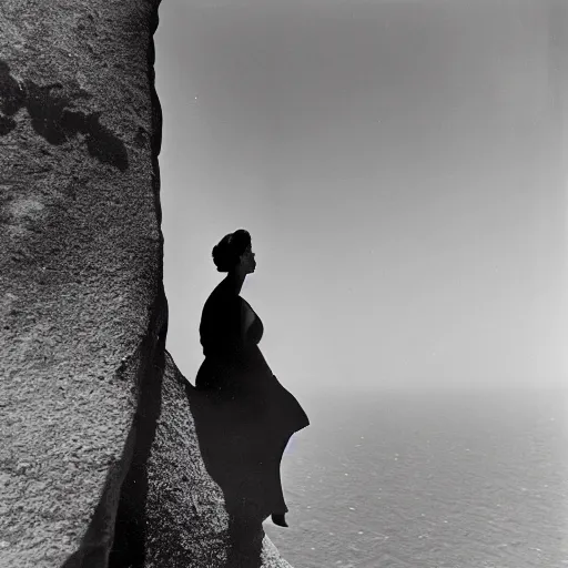 Prompt: ''a robert capa's photograph of a woman in a black dress on the edge of a cliff looking out to the horizon''