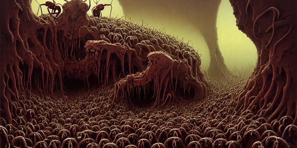 Image similar to horde of ants crawling through the cavities of a large moose skull, Zdzislaw Beksinski, Wayne Barlowe, gothic, cosmic horror, worm's-eye view, dystopian, biomorphic, lovecraftian, amazing details, warm hue's