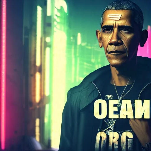 Prompt: cyberpunk obama dramatic self portrait, macro, vibrant, 30mm photography, gta artstyle, wide shot, dramatic lighting, octane render, hyperrealistic, high quality, highly detailed, artstation, HD, beautiful, cinematic, 8k, unreal engine, facial accuracy, symmetrical