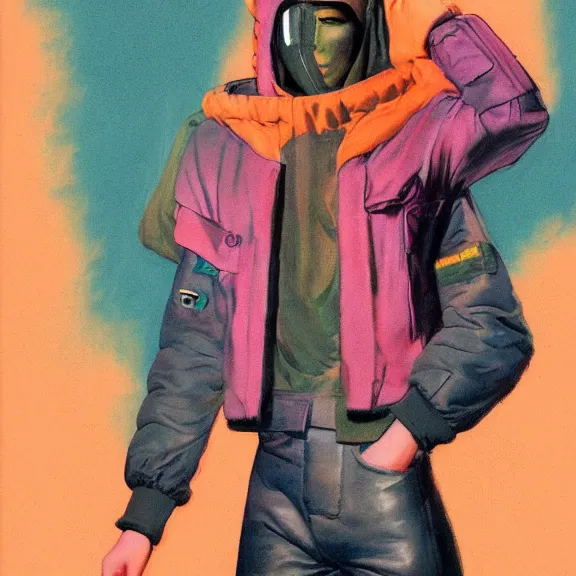 Prompt: illustration of model in plastic space mask wearing baggy colorful 9 0 s rick owens jacket by frank frazetta. sci fi book cover. pastel brutalist background.