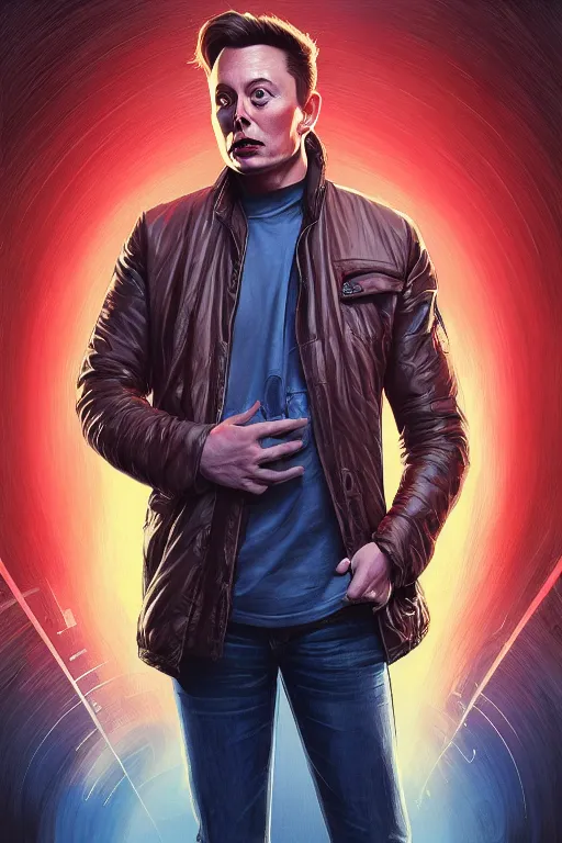 Image similar to elon musk as marty mcfly, realistic portrait, symmetrical, highly detailed, digital painting, artstation, concept art, smooth, sharp focus, illustration, cinematic lighting, art by artgerm and greg rutkowski and alphonse mucha