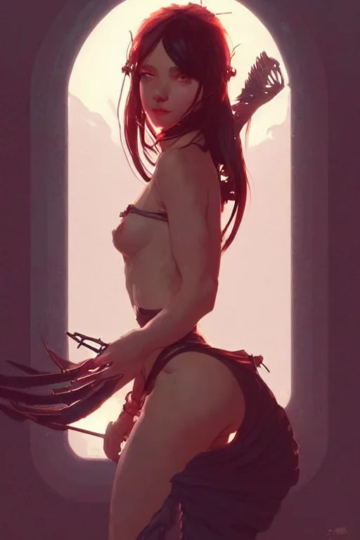 Image similar to a very beautiful savage girl, dungeon, light from above, fantasy, portrait, sharp focus, intricate, elegant, digital painting, artstation, matte, highly detailed, concept art, illustration, ambient lighting, art by ilya kuvshinov, artgerm, alphonse mucha, and greg rutkowski