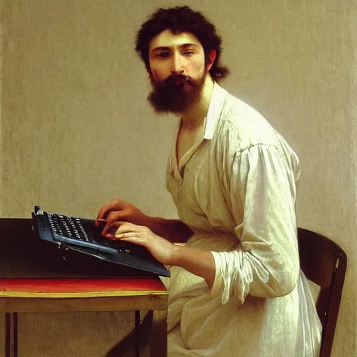 Image similar to an oil painting of an man playing a laptop, by Bouguereau, highly detailed and intricate,