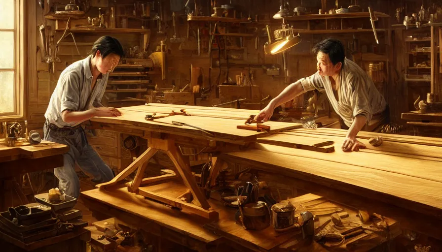 Image similar to highly detailed oil painting | very intricate | cinematic lighting | award - winning | simple carpenter fine craftsman | building a wooden table in their well organized clean workshop | beautiful cinematic light, american romanticism, by huang guangjian, gil elvgren, ruan jia, randy vargas, greg rutkowski, artstation, cgsociety, official art, octane