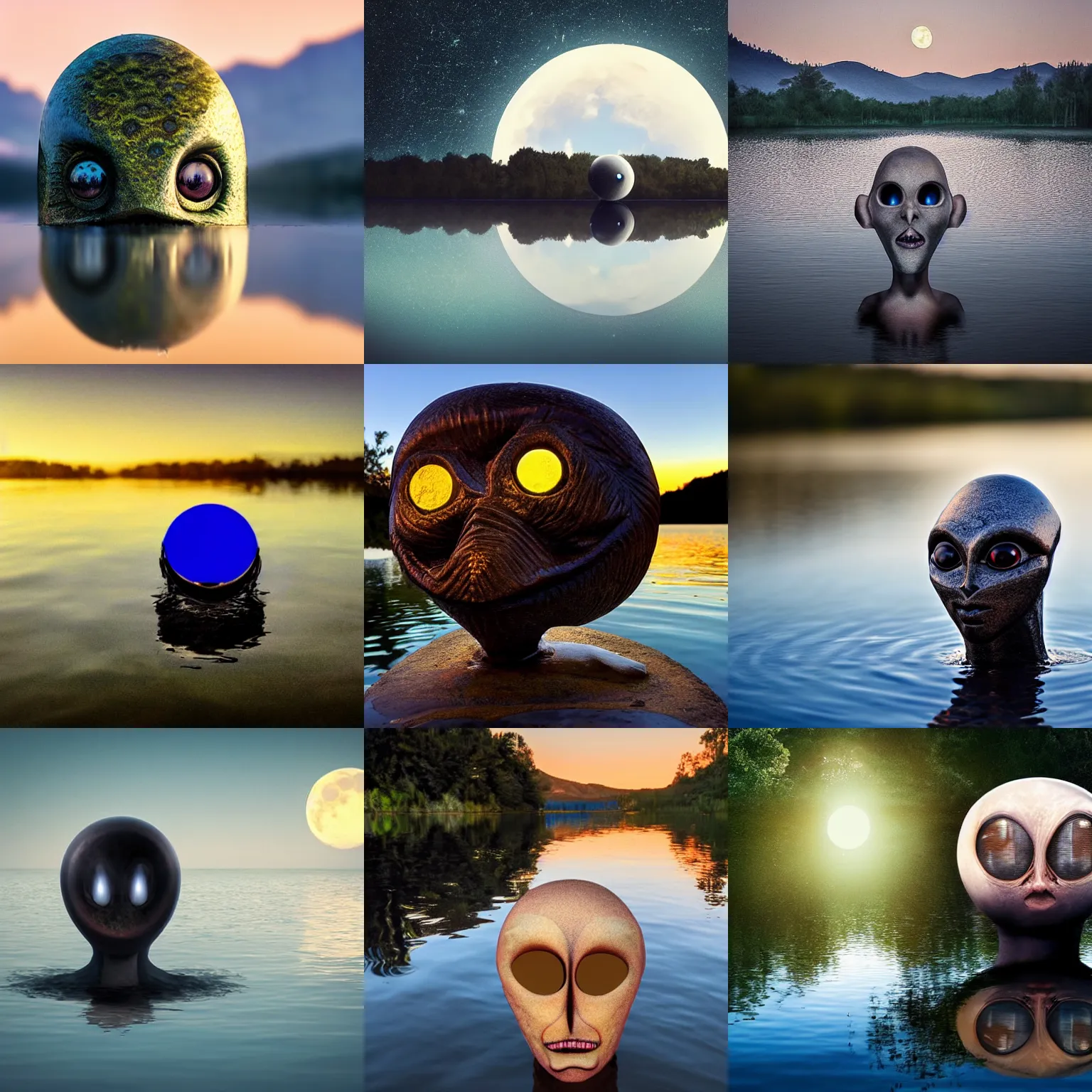 Prompt: an weird alien head emerges from the lake, large eyes, dusk background, high detail, water reflections, moon reflecting in the lake, dramatic shot