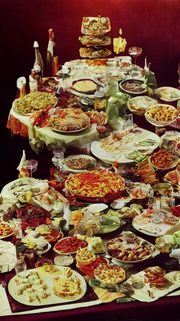 Image similar to 1 9 6 0 s food magazine photo of a lavish spread of disgusting and strange party foods, on a velvet table cloth, soft focus