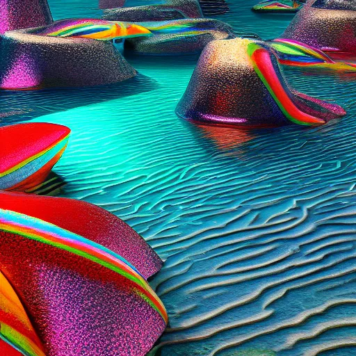 Image similar to Crystal rainbow waters refracting light of a galactic Atlantis beneath, award-winning render, Octane, raytracing