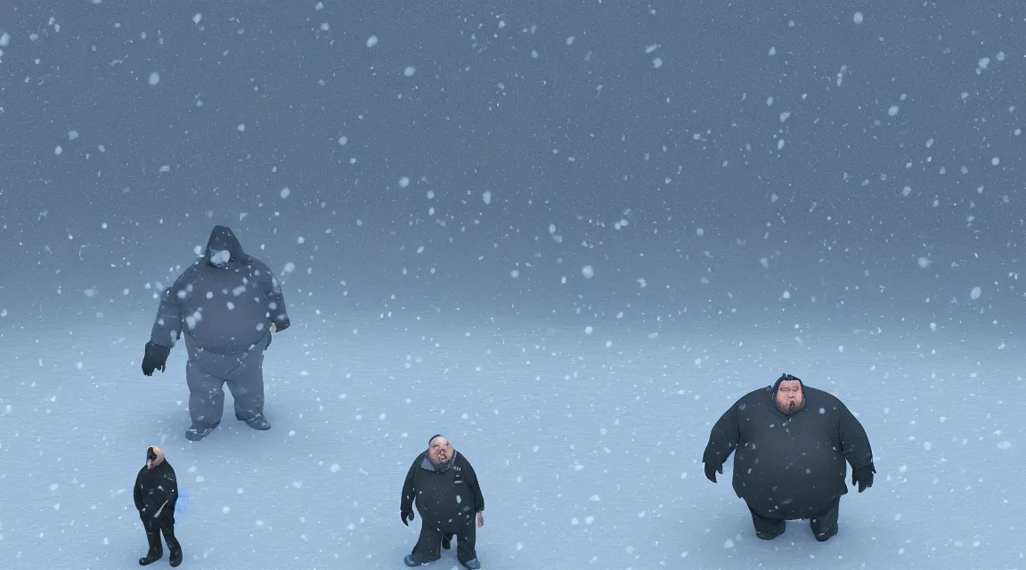 Image similar to a portrait of a fat man on the ice, using weighted vests, snowstorm, flat design, screen print by Kawase Hasui and dan hillier, 8k unreal engine