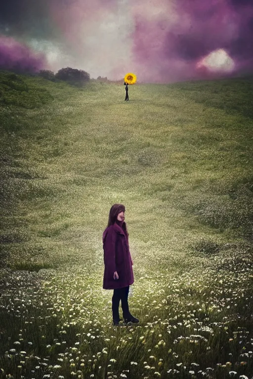 Image similar to portrait, enormous daisy flower head, a girl wearing coat in heather field, surreal photography, wind and cold, dramatic sky, impressionist painting, digital painting, artstation, simon stalenhag