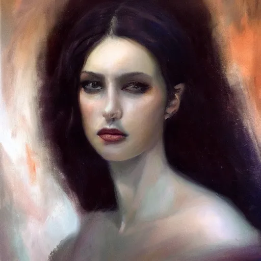 Image similar to oil painting of princess Vulvine, Hungarian, curly dark hair, fair skin, dark ominous, blurred background by Apelles of Kos, concept art, master, realism, romantism