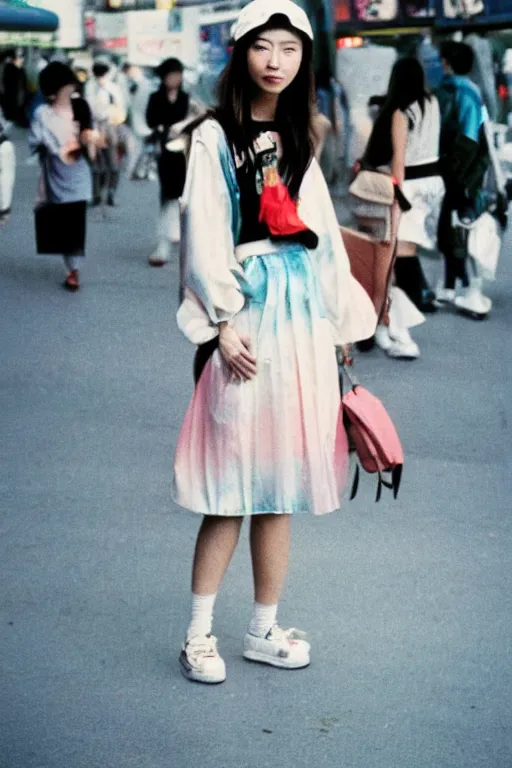 Image similar to a 1 9 9 0 s street fashion photograph of a young japanese woman in 9 0 s fashion, uncropped photograph, in bubble era tokyo ueno, shot on cinestill 5 0 d with a canon 2 8 mm at f / 5. 6 lens, print magazine quality!!, very highly photorealistic, nineties nostalgia!!!, 4 k