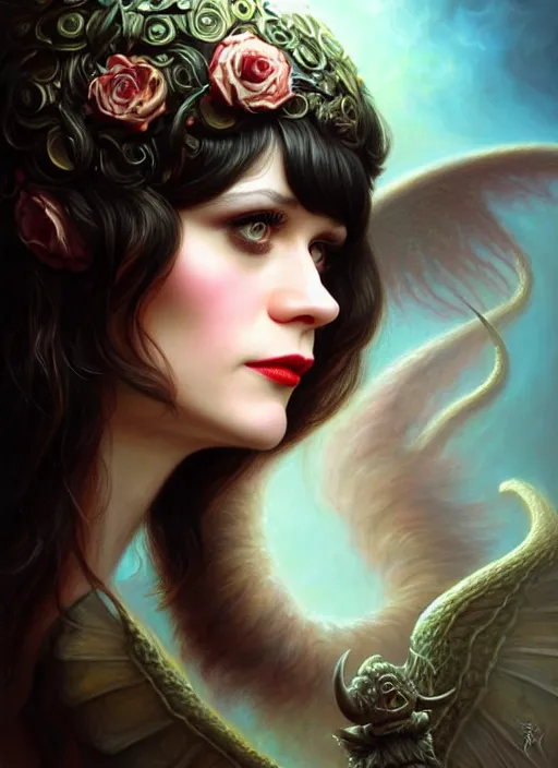 Image similar to zooey deschanel as an devil, aesthetic, fine art, intricate, elegant, highly detailed, realistic hair, centered, digital painting, art station, conceptual art, soft, sharp focus, illustration, artwork, artgerm, tomasz alen kopera, peter mohrbacher, donato giancola, wlop, boris vallejo