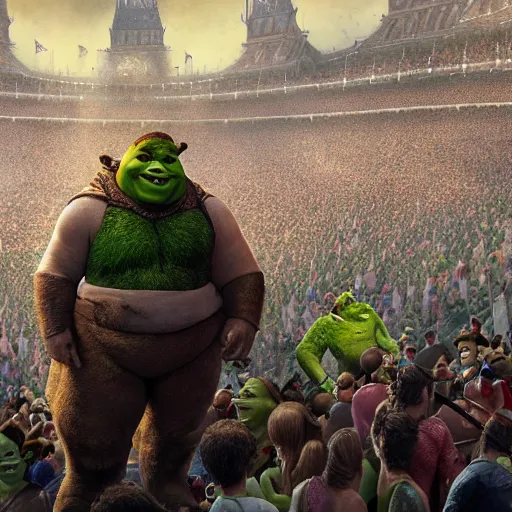 Prompt: A photograph of Shrek at the olympics, realistic, large crowd, vintage shading, by greg rutkowski