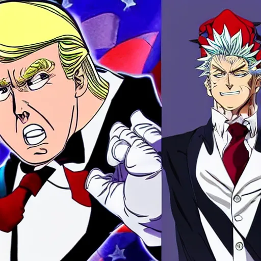 Image similar to trump as a jojo character, anime key visual, jojo the bizarre adventure, hirohiko araki, wlop