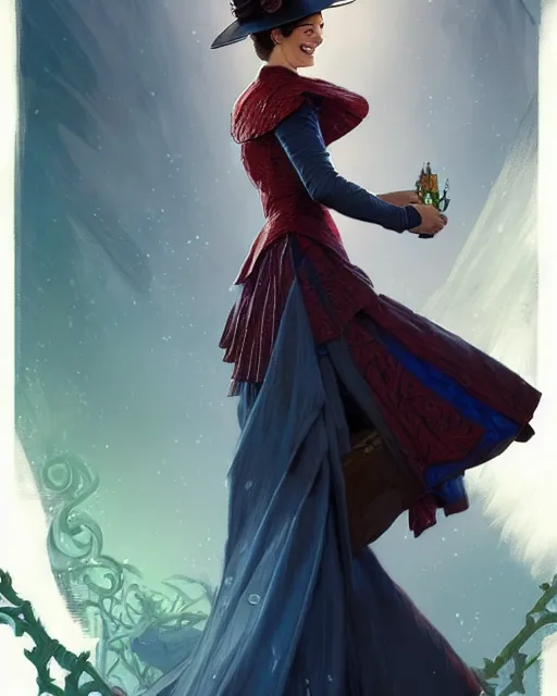 Image similar to Mary Poppins smiling and looking to the side, D&D, fantasy, intricate, elegant, highly detailed, digital painting, artstation, concept art, matte, sharp focus, illustration, hearthstone, art by Artgerm and Greg Rutkowski and Alphonse Mucha