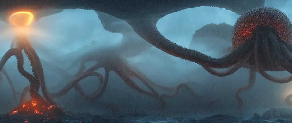 Image similar to a giant octopus god emerging over a rain forest, lightning, ambient sun, a volcano erupts, still from the movie the arrival, 8k