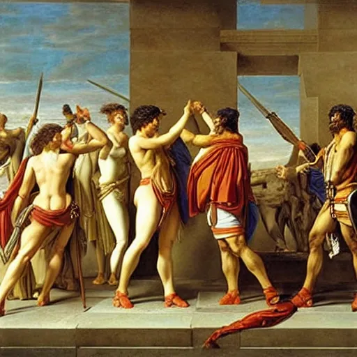 Prompt: muscular warrior women, roman women in armor, oath of the horatii, jacques - louis david