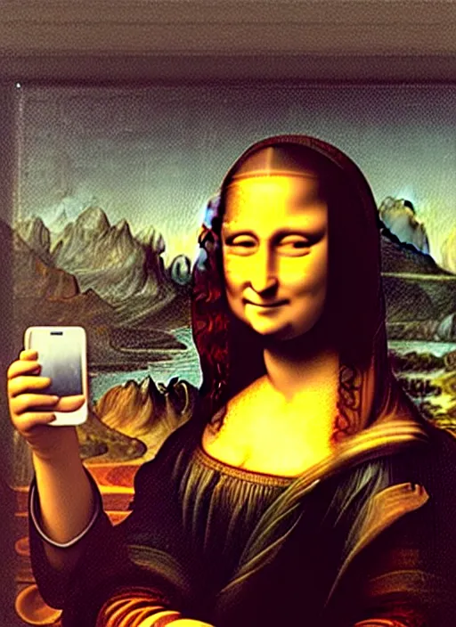 Image similar to framed oil painting of Mona Lisa holding up an iPhone to take a selfie by Leonardo Da Vinci