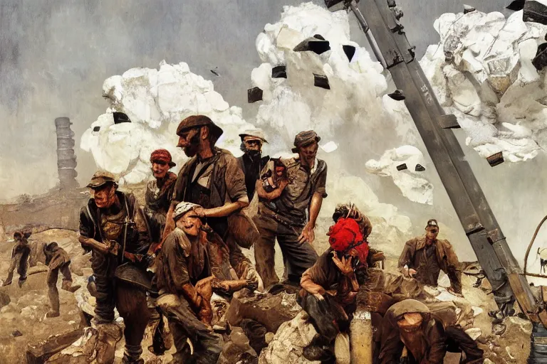 Prompt: intense dramatic still of a ragtag group of miners and factory workers with improvised weapons and firearms and red bandanas around their necks, on the surface of an asteroid, outside of a high tech industrial building, oil painting by charles frederic ulrich, norman rockwell, greg rutkowski, trending on artstation, incredible detail