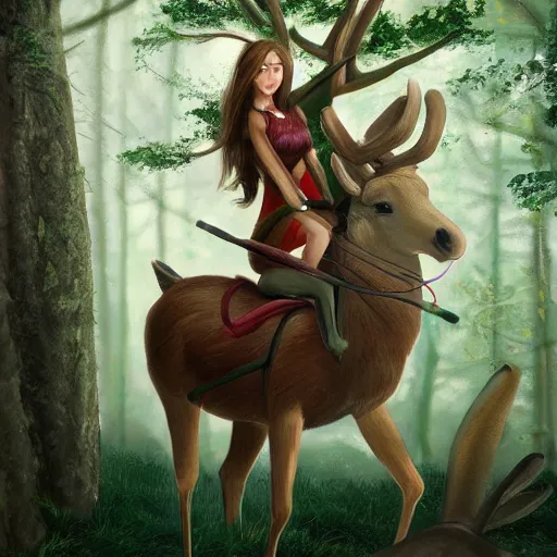 Image similar to girl riding a giant deer in the forest, trending on art station