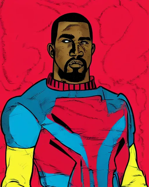 Image similar to Marvel Comics (1990s) X-Men comic book cartoon illustration of Kanye West on red background