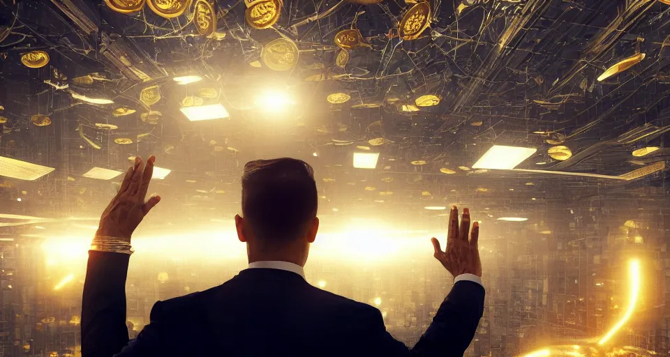 Image similar to Dramatic photo of a CEO, with his back towards the camera, waving to a large group of his coworkers in the background inside a futuristic office. Golden coins are levitating all around them. 8k, high detail, trending on Artstation, volumetric lighting, cyberpunk