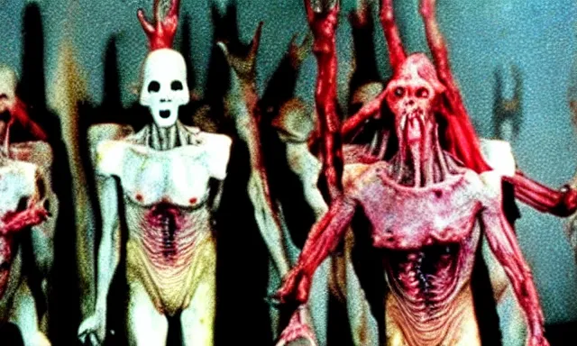 Prompt: full - color cinematic movie still from a 1 9 8 7 horror film by clive barker featuring cenobites welcoming people to the hellish underworld. creepy ; terrifying.