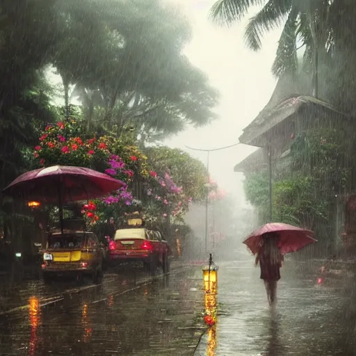 Prompt: monsoon on tropical island, ornate, beautiful, atmosphere, vibe, mist, smoke, fire, chimney, rain, wet, pristine, puddles, melting, dripping, snow, creek, lush, ice, bridge, forest, roses, flowers, by stanley artgerm lau, greg rutkowski, thomas kindkade, alphonse mucha, loish, norman rockwell