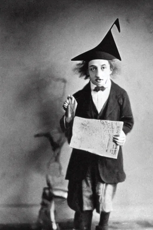 Image similar to Young Albert Einstein wearing a dunce cap, 1920's black and white photograph